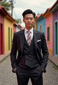 sharp and trendy man in Buenos Aires wearing a tango-inspired dress/suit, colorful houses of La Boca neighborhood in the background