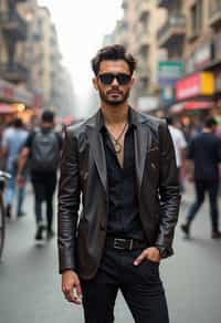 sharp and trendy man in Mumbai wearing a contemporary fusion outfit, bustling streets of Mumbai in the background