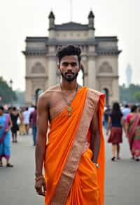 sharp and trendy man in Mumbai wearing a vibrant saree/kurta, Gateway of India in the background