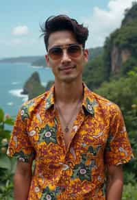 sharp and trendy man in Bali wearing vibrant Batik clothes, Bali, Indonesia in the background