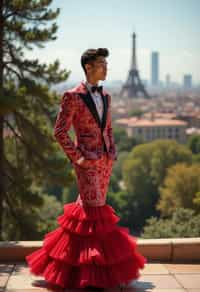 sharp and trendy man in Barcelona wearing a flamenco-inspired dress/suit, Park Güell in the background