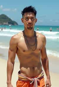 sharp and trendy man in Rio de Janeiro wearing a trendy swimsuit and sarong, Copacabana Beach in the background