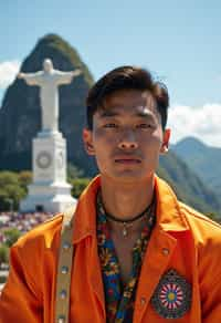 sharp and trendy man in Rio de Janeiro wearing a vibrant carnival-inspired costume, Christ the Redeemer statue in the background