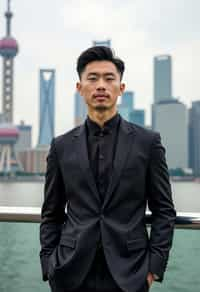 sharp and trendy man in Shanghai wearing a traditional qipao/mandarin-collar suit, modern skyline in the background