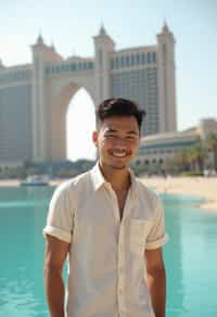 sharp and trendy man in Dubai wearing a stylish sundress/linen shirt, the Atlantis hotel in the background