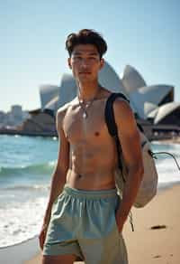 sharp and trendy man in Sydney wearing a surf-inspired outfit, Sydney Opera House in the background