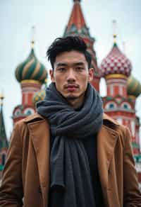 sharp and trendy man in Moscow wearing a stylish coat and scarf, Saint Basil's Cathedral in the background