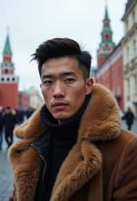 sharp and trendy man in Moscow wearing a faux fur coat, Kremlin in the background