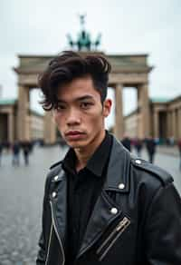 sharp and trendy man in Berlin wearing a punk-inspired outfit, Brandenburg Gate in the background