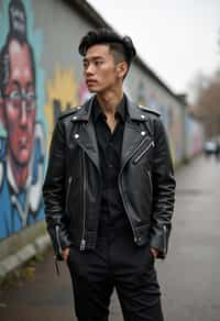 sharp and trendy man in Berlin wearing a grunge-inspired outfit, Berlin Wall in the background