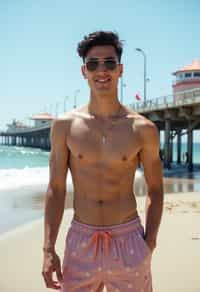 sharp and trendy man in Los Angeles wearing a trendy beach outfit, Santa Monica pier in the background