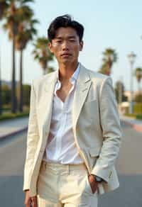 sharp and trendy man in Los Angeles wearing a summer dress/linen suit, palm trees in the background