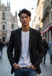 sharp and trendy man in Milan wearing a fashionable blazer and jeans, Duomo di Milano in the background