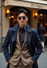 sharp and trendy man in Milan wearing high fashion attire in front of a classic Italian café