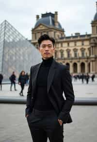 sharp and trendy man in Paris wearing a chic black dress/suit, Louvre pyramid in the background