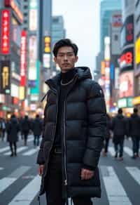 sharp and trendy man in Tokyo wearing a futuristic outfit, Shibuya crossing in the background