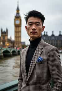 sharp and trendy man in London wearing a checkered suit, Big Ben in the background