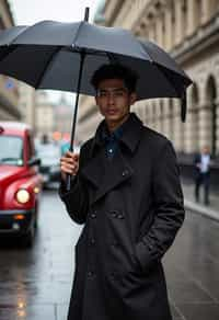 sharp and trendy man in London sporting a trench coat and holding an umbrella, iconic London cab in the background