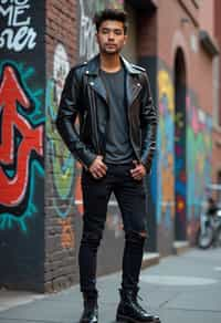 sharp and trendy man in New York City wearing a leather jacket, jeans, and boots with urban graffiti in the background