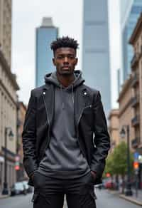 sharp and trendy man in Buenos Aires wearing a modern street style outfit, Obelisco de Buenos Aires in the background