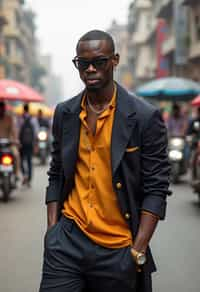 sharp and trendy man in Mumbai wearing a contemporary fusion outfit, bustling streets of Mumbai in the background