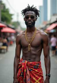 sharp and trendy man in Thailand wearing a vibrant sarong, Bangkok in the background