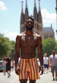 sharp and trendy man in Barcelona wearing a stylish summer outfit, La Sagrada Família in the background