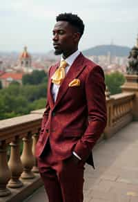 sharp and trendy man in Barcelona wearing a flamenco-inspired dress/suit, Park Güell in the background