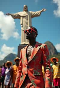 sharp and trendy man in Rio de Janeiro wearing a vibrant carnival-inspired costume, Christ the Redeemer statue in the background