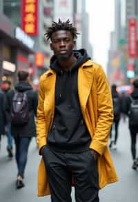 sharp and trendy man in Shanghai wearing a contemporary streetwear outfit, Nanjing Road in the background