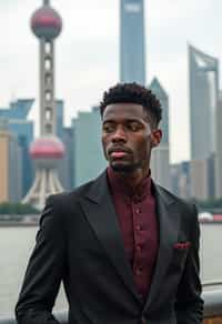 sharp and trendy man in Shanghai wearing a traditional qipao/mandarin-collar suit, modern skyline in the background