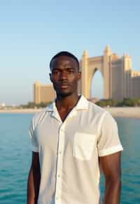 sharp and trendy man in Dubai wearing a stylish sundress/linen shirt, the Atlantis hotel in the background