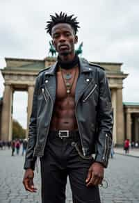 sharp and trendy man in Berlin wearing a punk-inspired outfit, Brandenburg Gate in the background