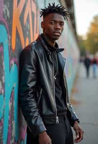 sharp and trendy man in Berlin wearing a grunge-inspired outfit, Berlin Wall in the background