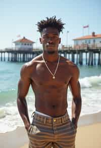 sharp and trendy man in Los Angeles wearing a trendy beach outfit, Santa Monica pier in the background