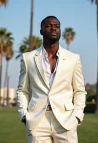 sharp and trendy man in Los Angeles wearing a summer dress/linen suit, palm trees in the background