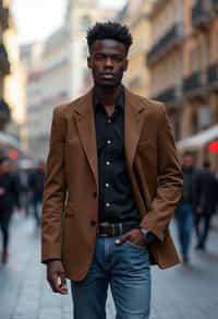 sharp and trendy man in Milan wearing a fashionable blazer and jeans, Duomo di Milano in the background