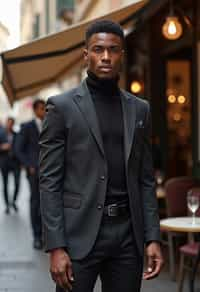 sharp and trendy man in Milan wearing high fashion attire in front of a classic Italian café