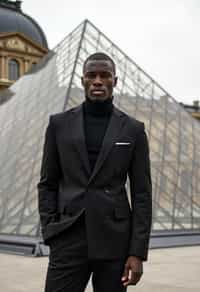 sharp and trendy man in Paris wearing a chic black dress/suit, Louvre pyramid in the background