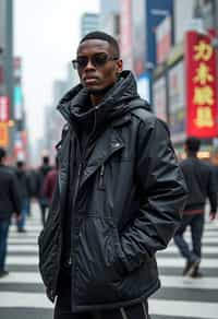 sharp and trendy man in Tokyo wearing a futuristic outfit, Shibuya crossing in the background