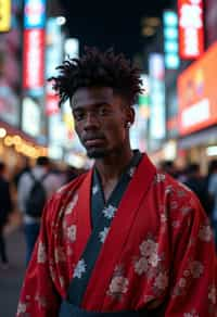 sharp and trendy man in Tokyo wearing a modern take on a traditional kimono, neon lights of the city in the background