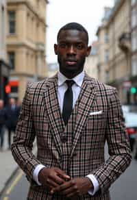 sharp and trendy man in London wearing a checkered suit, Big Ben in the background