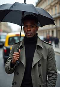 sharp and trendy man in London sporting a trench coat and holding an umbrella, iconic London cab in the background