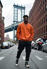 sharp and trendy man in New York City wearing an oversized sweatshirt and high top sneakers, Brooklyn Bridge in the background