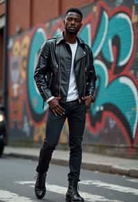 sharp and trendy man in New York City wearing a leather jacket, jeans, and boots with urban graffiti in the background