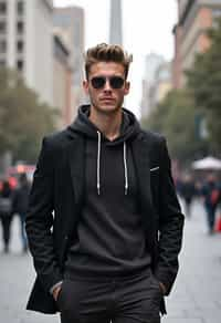 sharp and trendy man in Buenos Aires wearing a modern street style outfit, Obelisco de Buenos Aires in the background