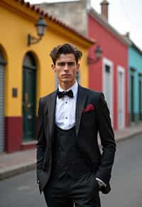 sharp and trendy man in Buenos Aires wearing a tango-inspired dress/suit, colorful houses of La Boca neighborhood in the background