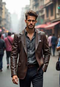 sharp and trendy man in Mumbai wearing a contemporary fusion outfit, bustling streets of Mumbai in the background