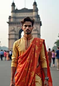 sharp and trendy man in Mumbai wearing a vibrant saree/kurta, Gateway of India in the background