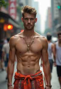 sharp and trendy man in Thailand wearing a vibrant sarong, Bangkok in the background